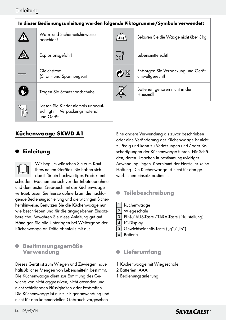 Einleitung, Küchenwaage skwd a1 einleitung, Bestimmungsgemäße verwendung | Teilebeschreibung, Lieferumfang | Silvercrest SKWD A1 User Manual | Page 14 / 30