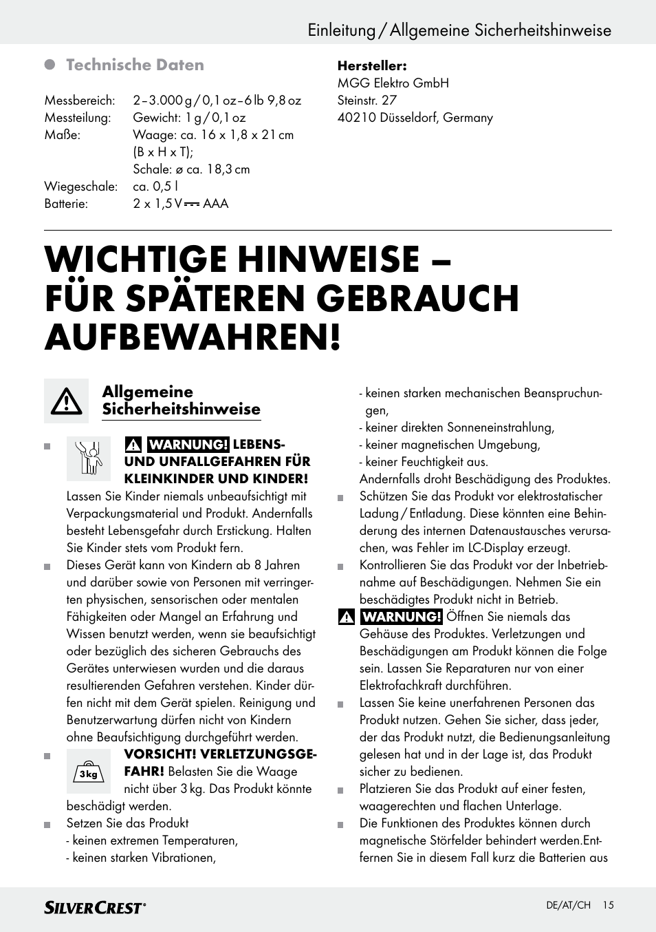 Einleitung / allgemeine sicherheitshinweise | Silvercrest SKWD A1 User Manual | Page 15 / 30