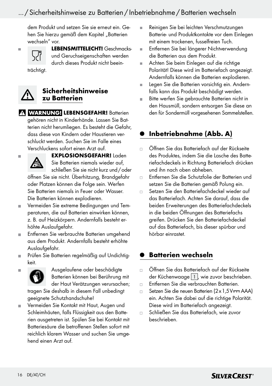 Sicherheitshinweise zu batterien, Inbetriebnahme (abb. a), Batterien wechseln | Silvercrest SKWD A1 User Manual | Page 16 / 30