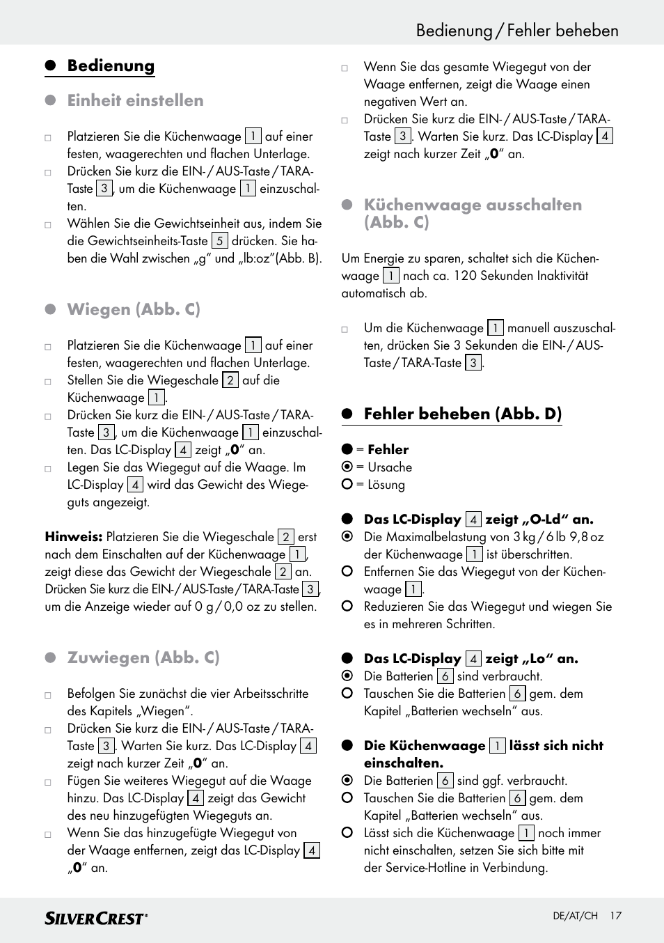 Bedienung / fehler beheben, Bedienung einheit einstellen, Wiegen (abb. c) | Zuwiegen (abb. c), Küchenwaage ausschalten (abb. c), Fehler beheben (abb. d) | Silvercrest SKWD A1 User Manual | Page 17 / 30