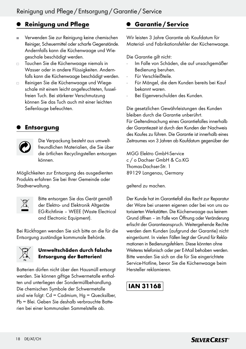 Reinigung und pflege, Entsorgung, Garantie / service | Silvercrest SKWD A1 User Manual | Page 18 / 30