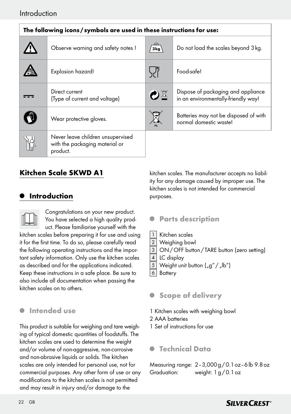 Introduction, Kitchen scale skwd a1 introduction, Intended use | Parts description, Scope of delivery, Technical data | Silvercrest SKWD A1 User Manual | Page 22 / 30