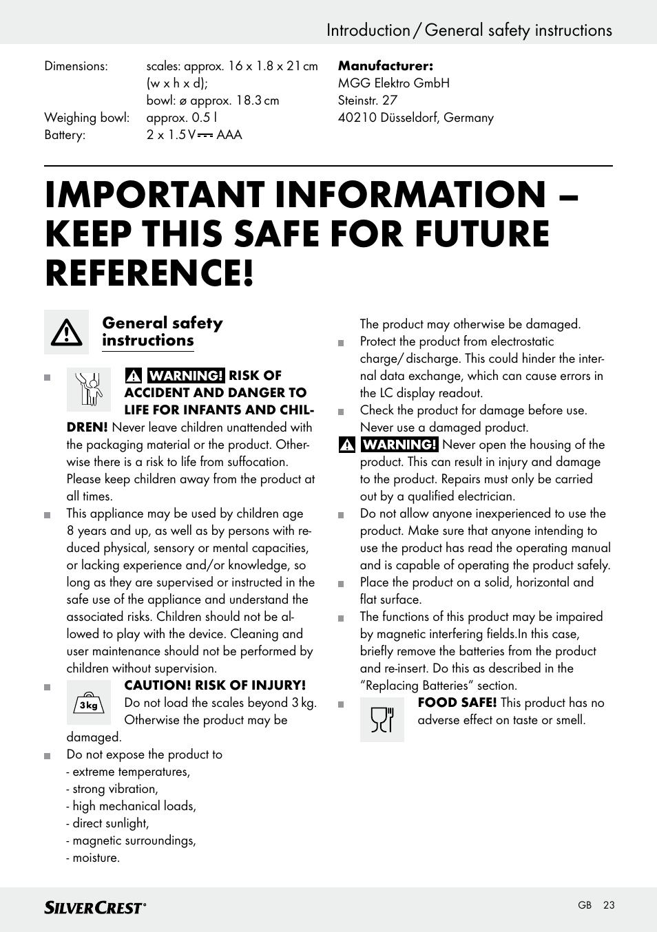 Introduction / general safety instructions | Silvercrest SKWD A1 User Manual | Page 23 / 30