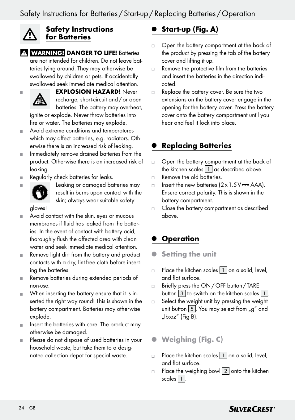 Safety instructions for batteries, Start-up (fig. a), Replacing batteries | Operation setting the unit, Weighing (fig. c) | Silvercrest SKWD A1 User Manual | Page 24 / 30