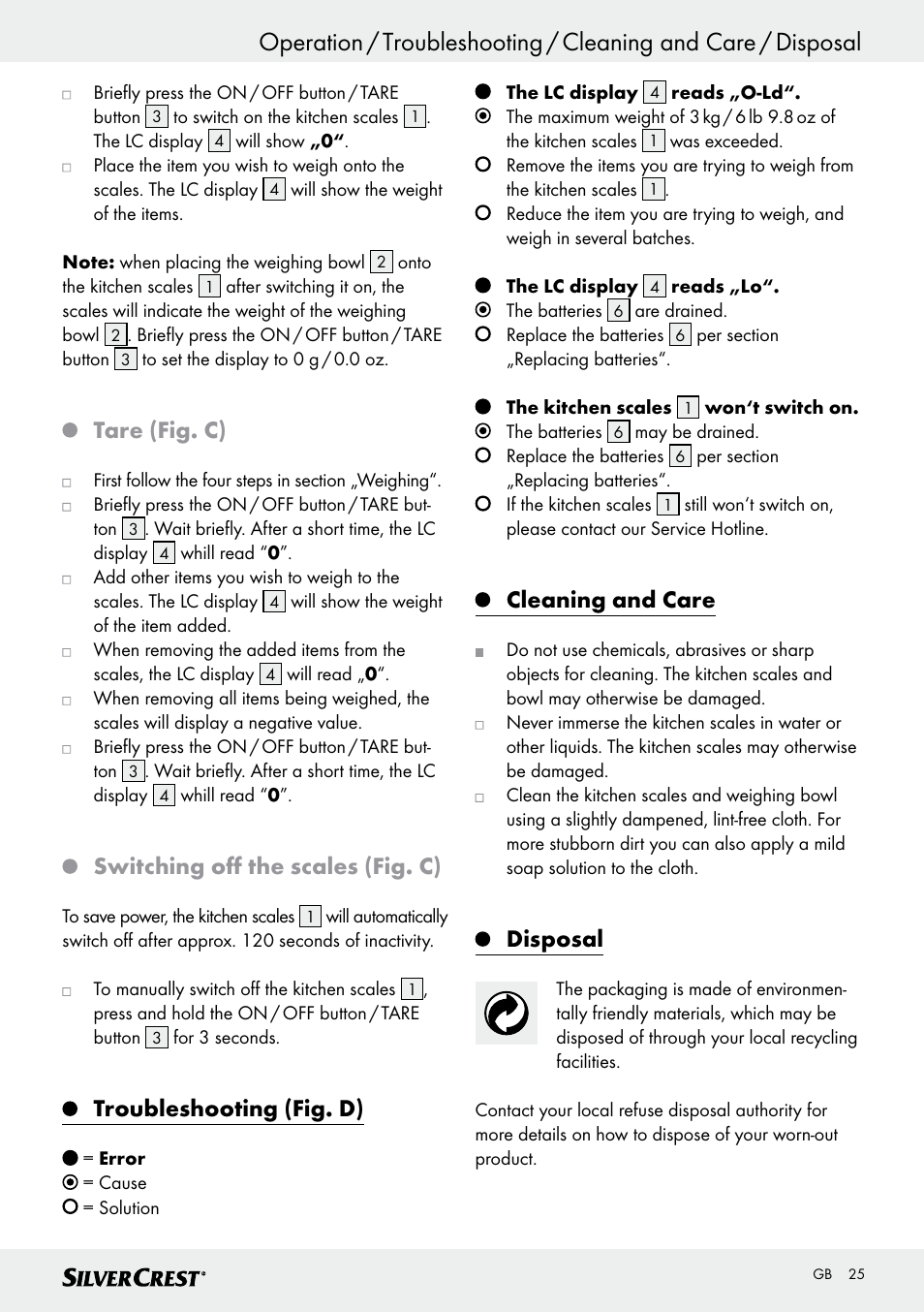 Tare (fig. c), Switching off the scales (fig. c), Troubleshooting (fig. d) | Cleaning and care, Disposal | Silvercrest SKWD A1 User Manual | Page 25 / 30