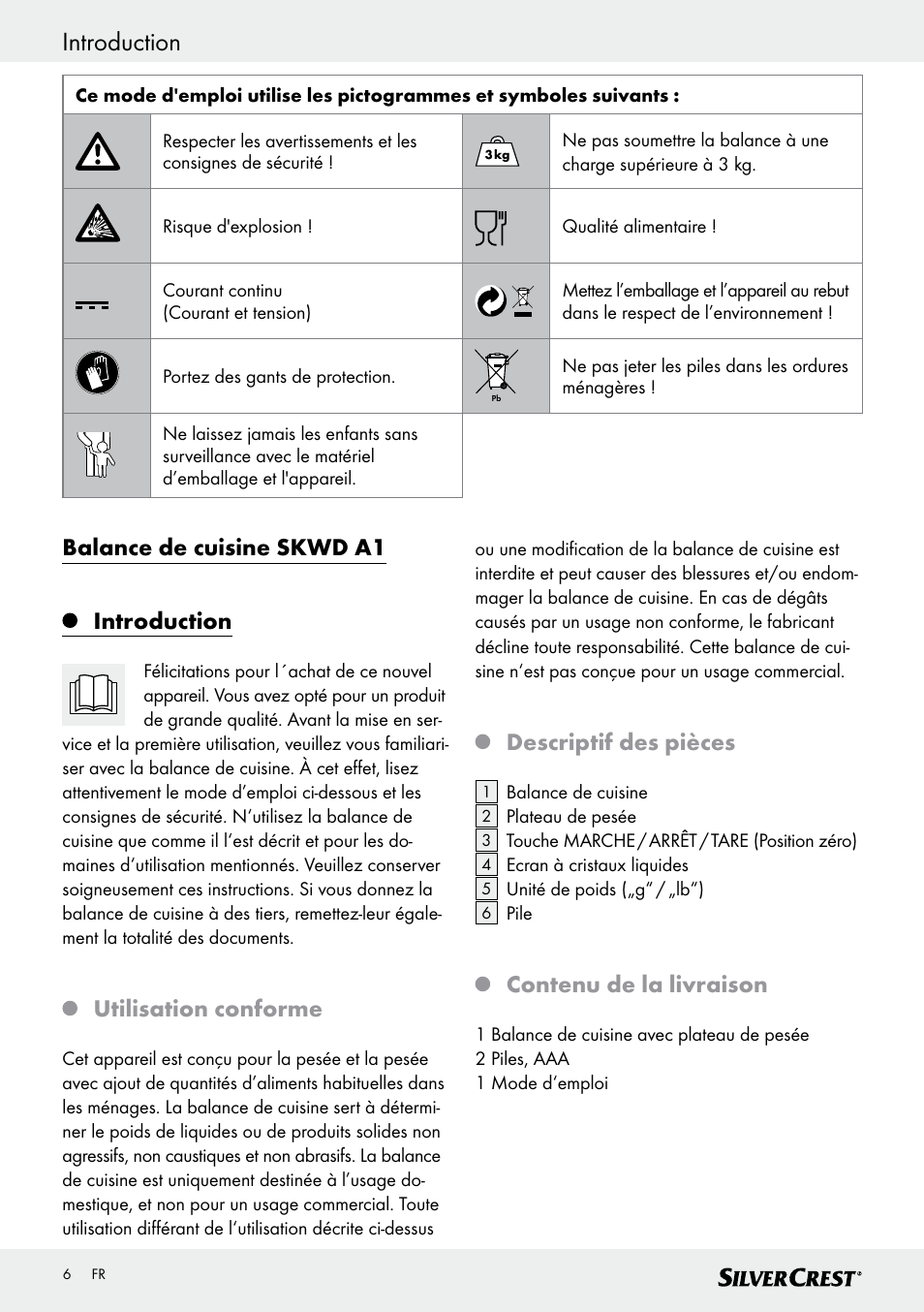 Introduction, Balance de cuisine skwd a1 introduction, Utilisation conforme | Descriptif des pièces, Contenu de la livraison | Silvercrest SKWD A1 User Manual | Page 6 / 30