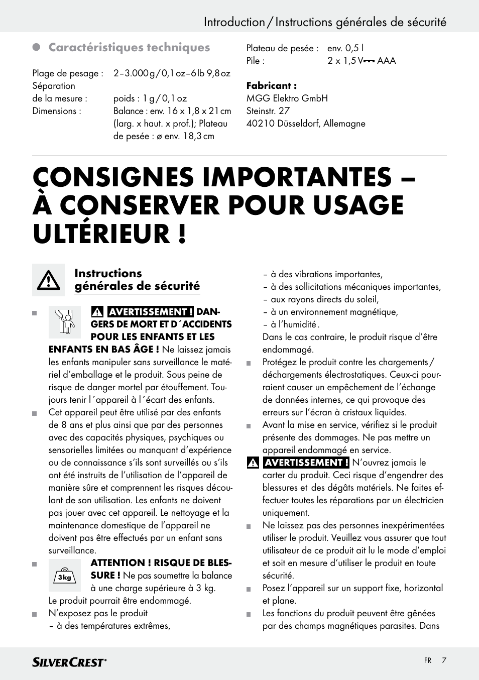 Introduction / instructions générales de sécurité | Silvercrest SKWD A1 User Manual | Page 7 / 30