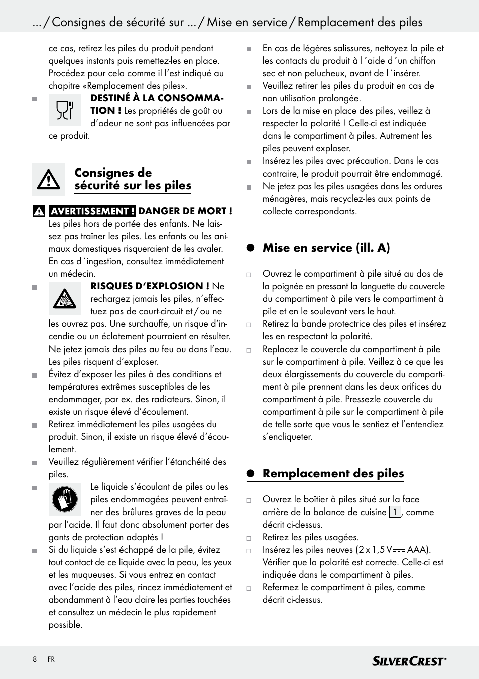 Consignes de sécurité sur les piles, Mise en service (ill. a), Remplacement des piles | Silvercrest SKWD A1 User Manual | Page 8 / 30