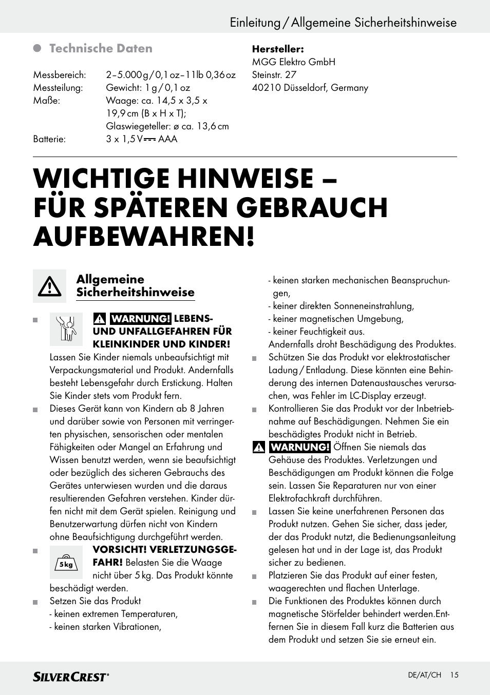 Einleitung / allgemeine sicherheitshinweise | Silvercrest SKWD A1 User Manual | Page 15 / 26