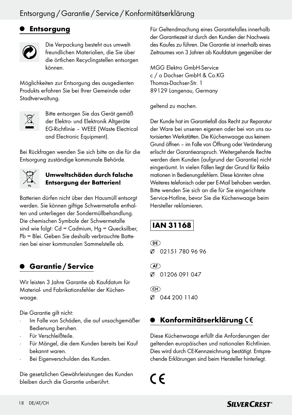 Entsorgung, Garantie / service, Konformitätserklärung | Silvercrest SKWD A1 User Manual | Page 18 / 26