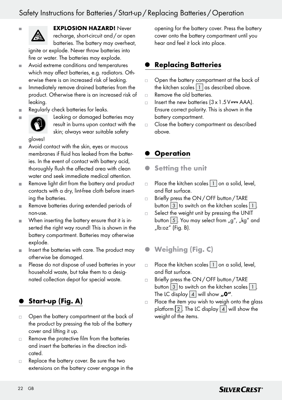 Start-up (fig. a), Replacing batteries, Operation setting the unit | Weighing (fig. c) | Silvercrest SKWD A1 User Manual | Page 22 / 26