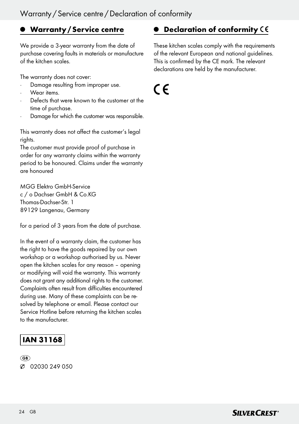 Warranty / service centre, Declaration of conformity | Silvercrest SKWD A1 User Manual | Page 24 / 26