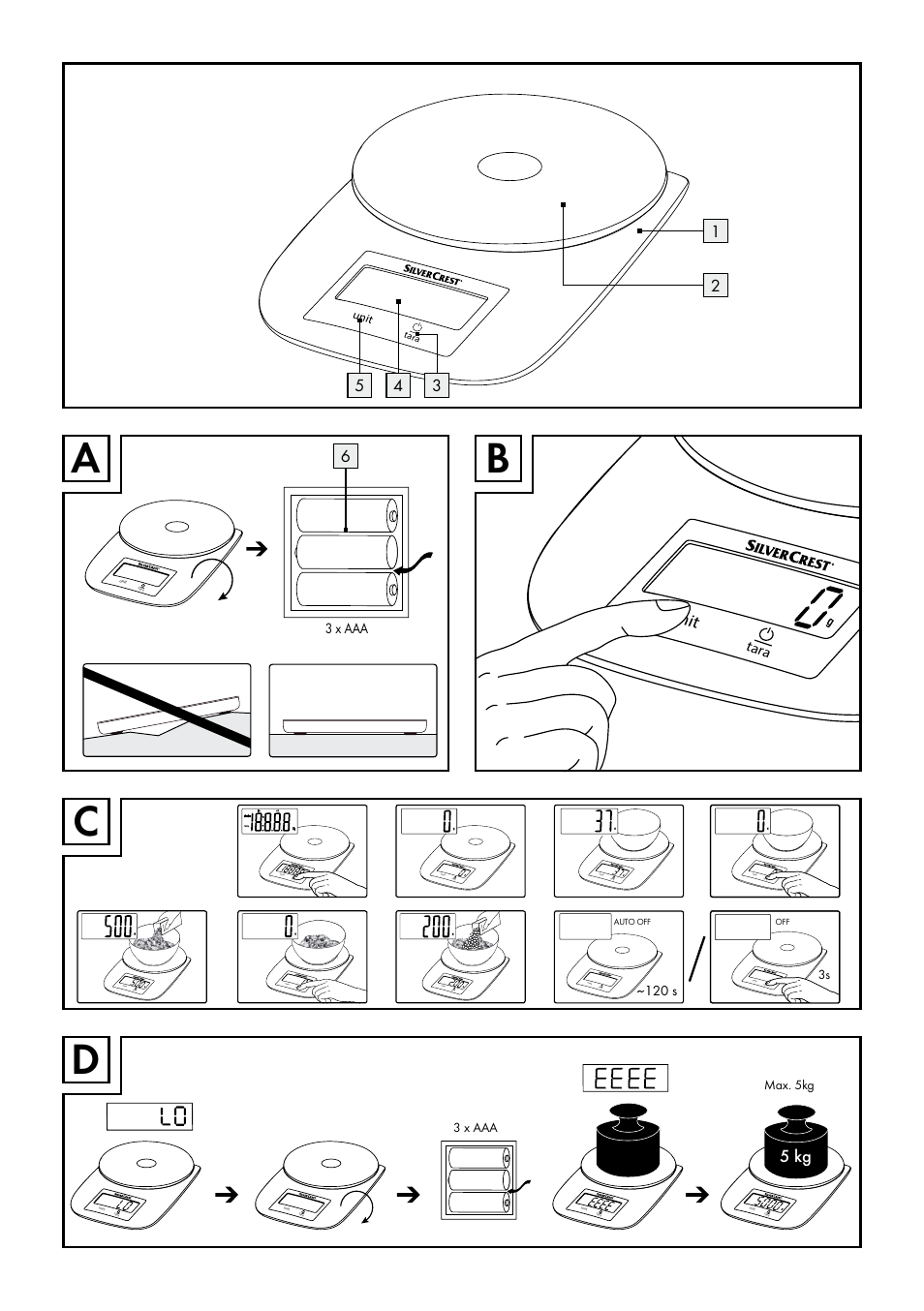 5 kg, Unit, 3 x aaa | Tara, 120 s, Unit on/o ff unit on/o ff | Silvercrest SKWD A1 User Manual | Page 3 / 26