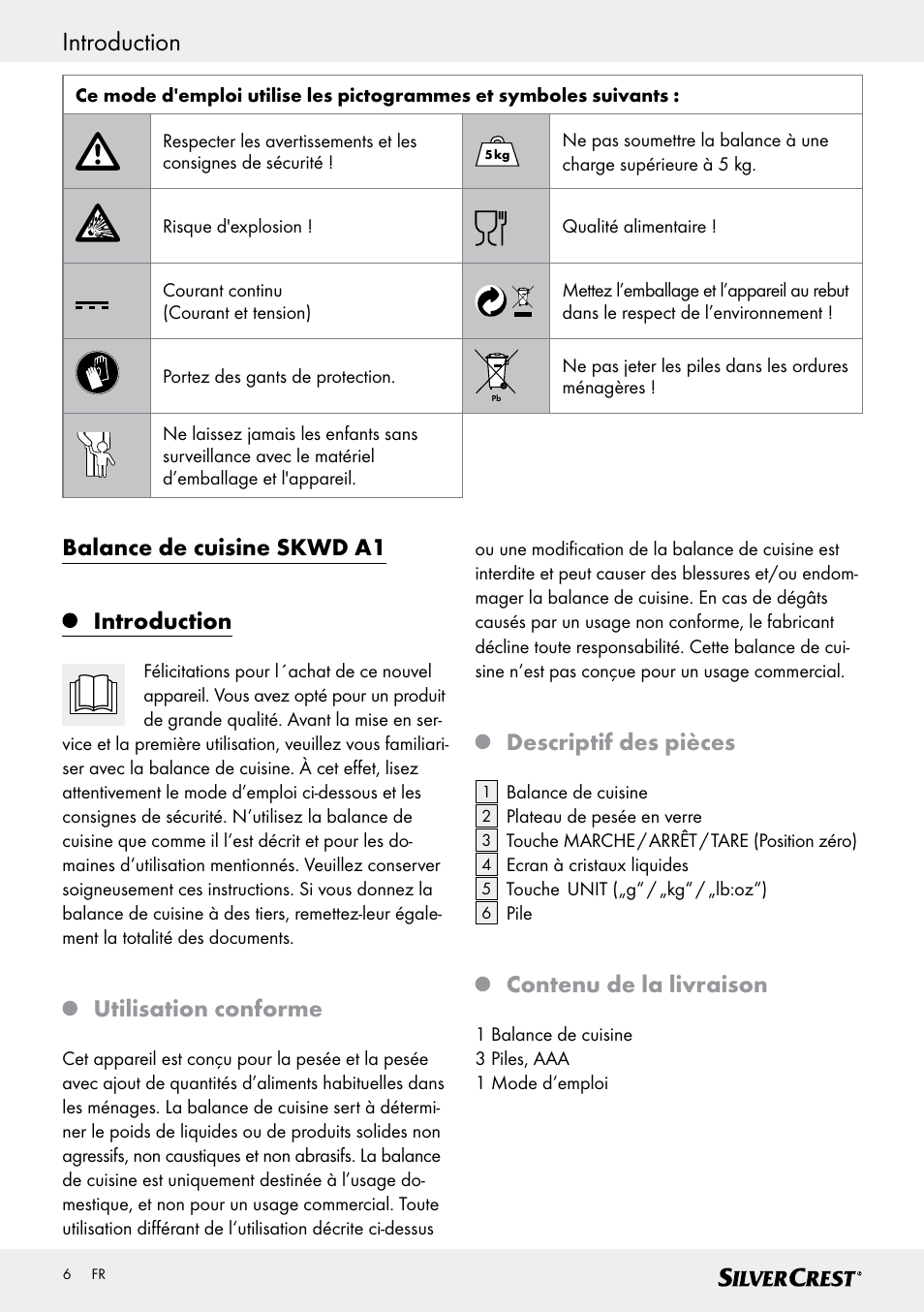 Introduction, Balance de cuisine skwd a1 introduction, Utilisation conforme | Descriptif des pièces, Contenu de la livraison | Silvercrest SKWD A1 User Manual | Page 6 / 26
