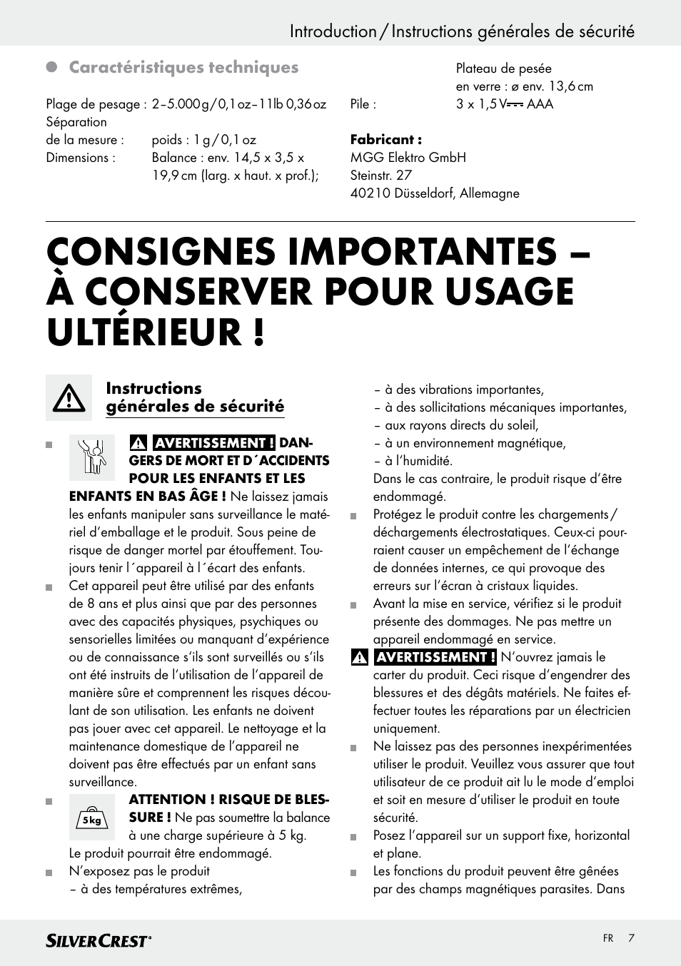Introduction / instructions générales de sécurité | Silvercrest SKWD A1 User Manual | Page 7 / 26