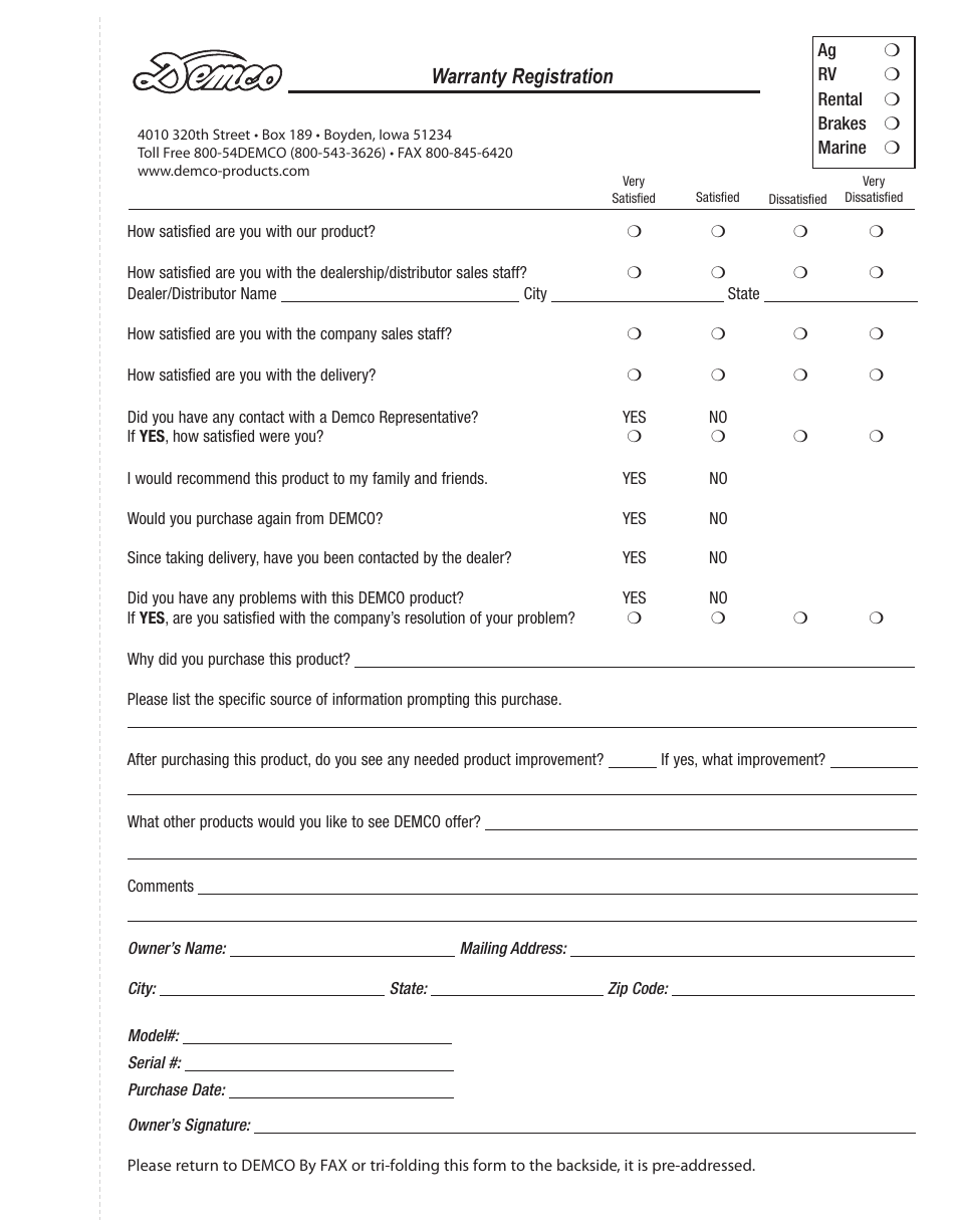 Warranty registration | Demco 9518171 User Manual | Page 5 / 8