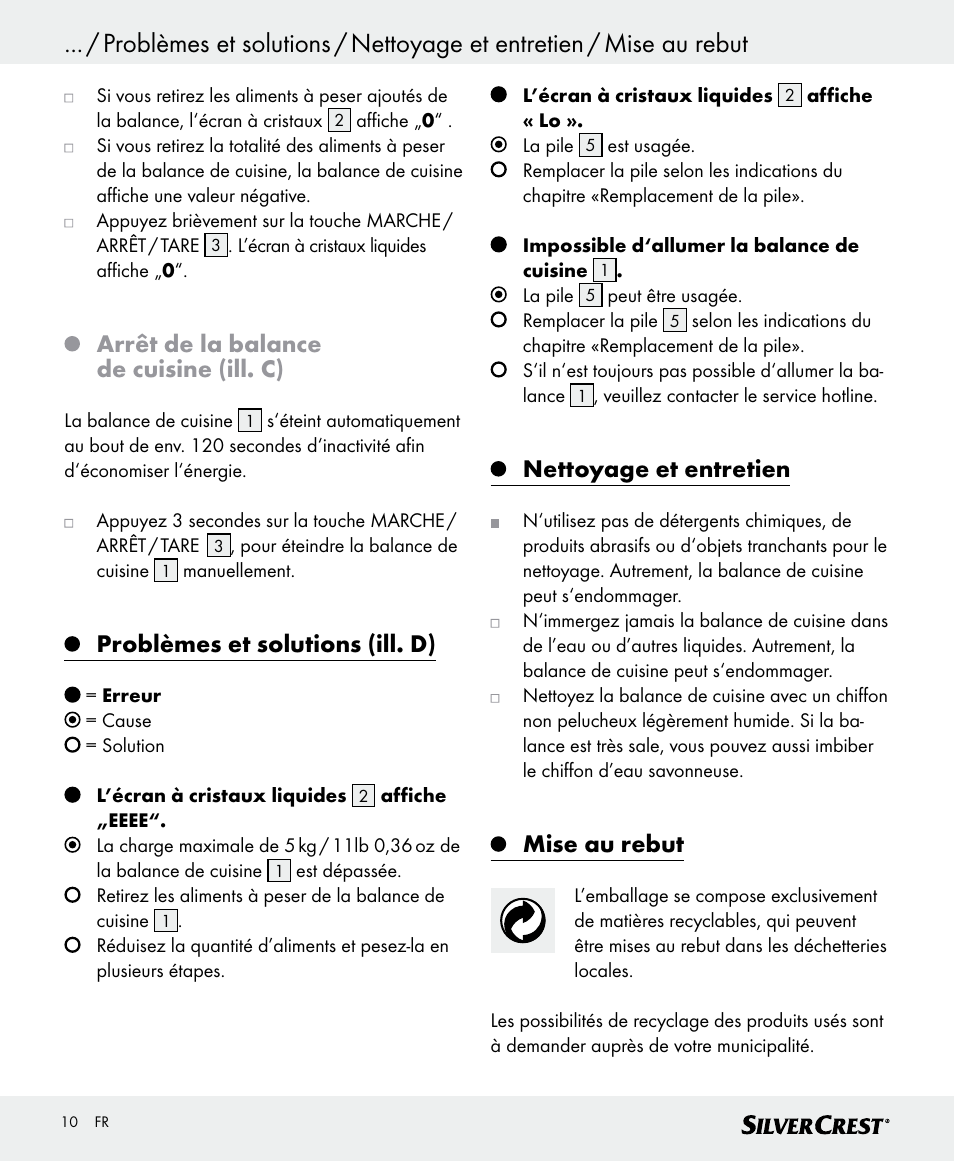 Arrêt de la balance de cuisine (ill. c), Problèmes et solutions (ill. d), Nettoyage et entretien | Mise au rebut | Silvercrest SKWD A1 User Manual | Page 10 / 30