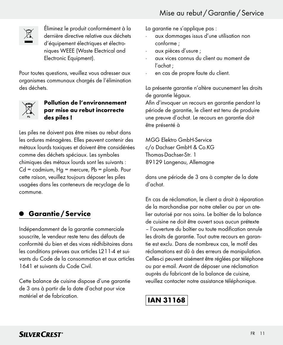 Mise au rebut / garantie / service, Garantie / service | Silvercrest SKWD A1 User Manual | Page 11 / 30