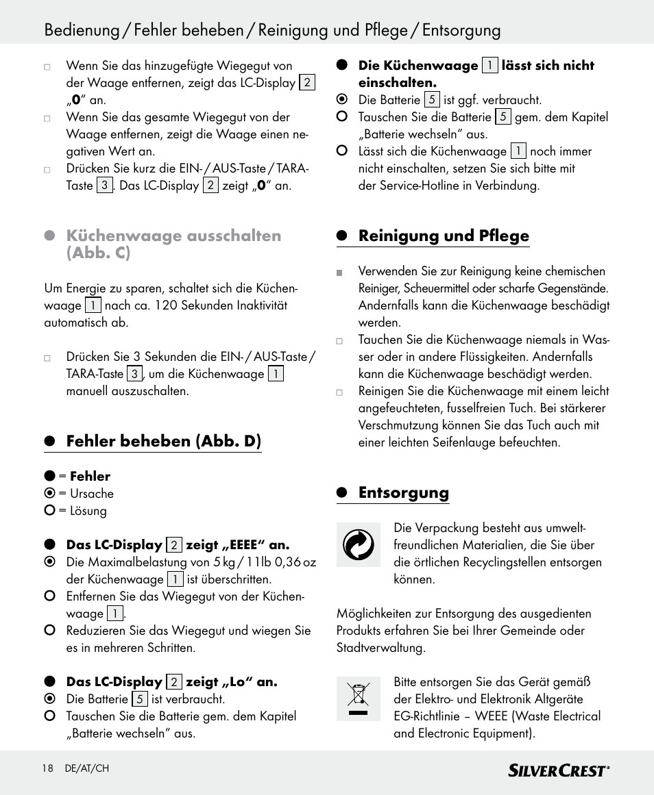 Küchenwaage ausschalten (abb. c), Fehler beheben (abb. d), Reinigung und pflege | Entsorgung | Silvercrest SKWD A1 User Manual | Page 18 / 30