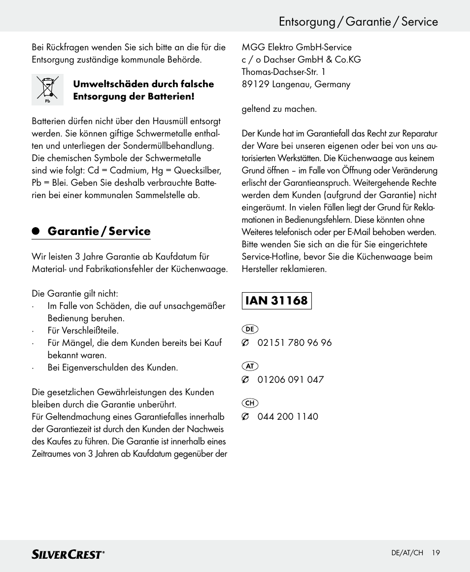 Entsorgung / garantie / service, Garantie / service | Silvercrest SKWD A1 User Manual | Page 19 / 30