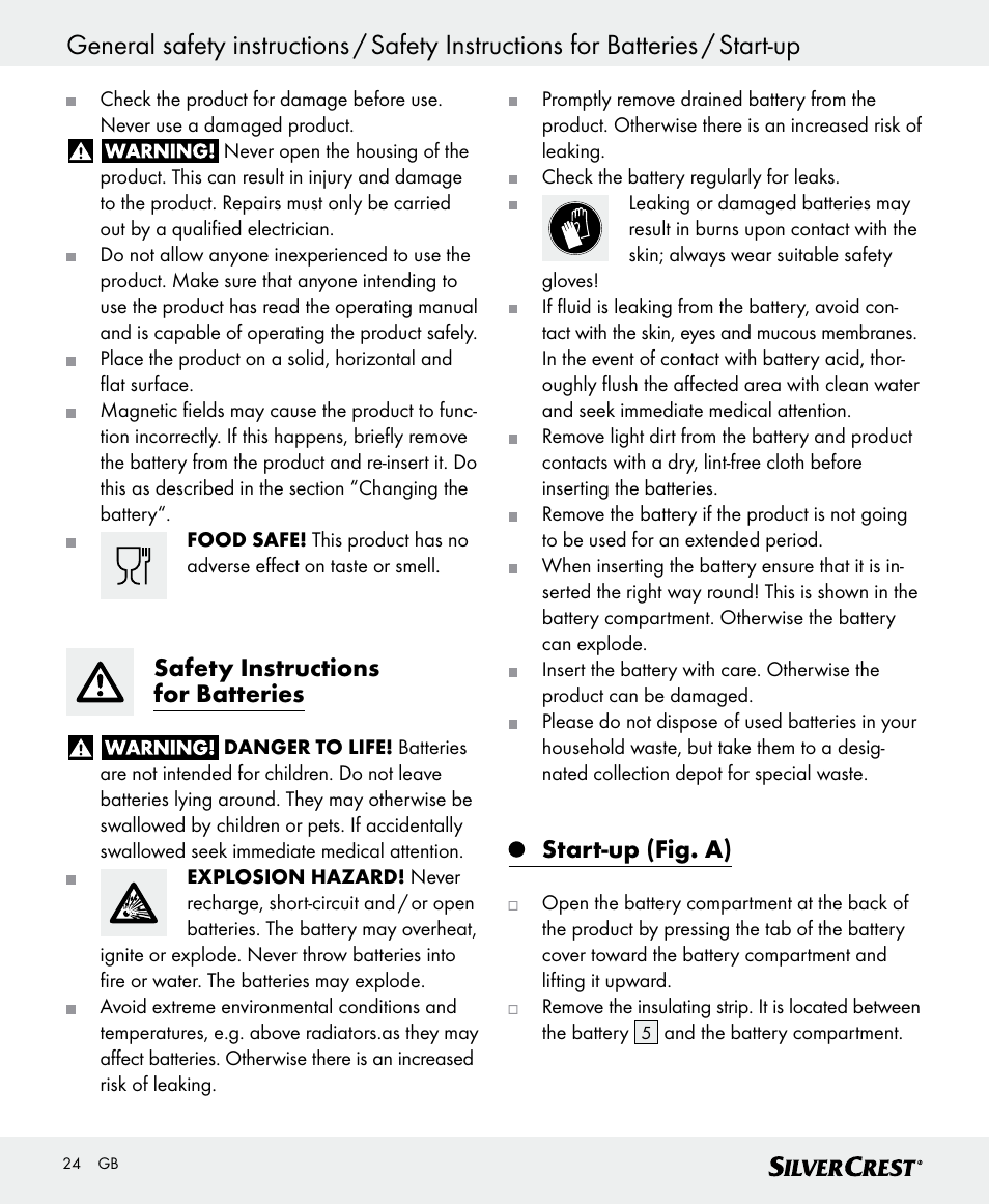 Safety instructions for batteries, Start-up (fig. a) | Silvercrest SKWD A1 User Manual | Page 24 / 30