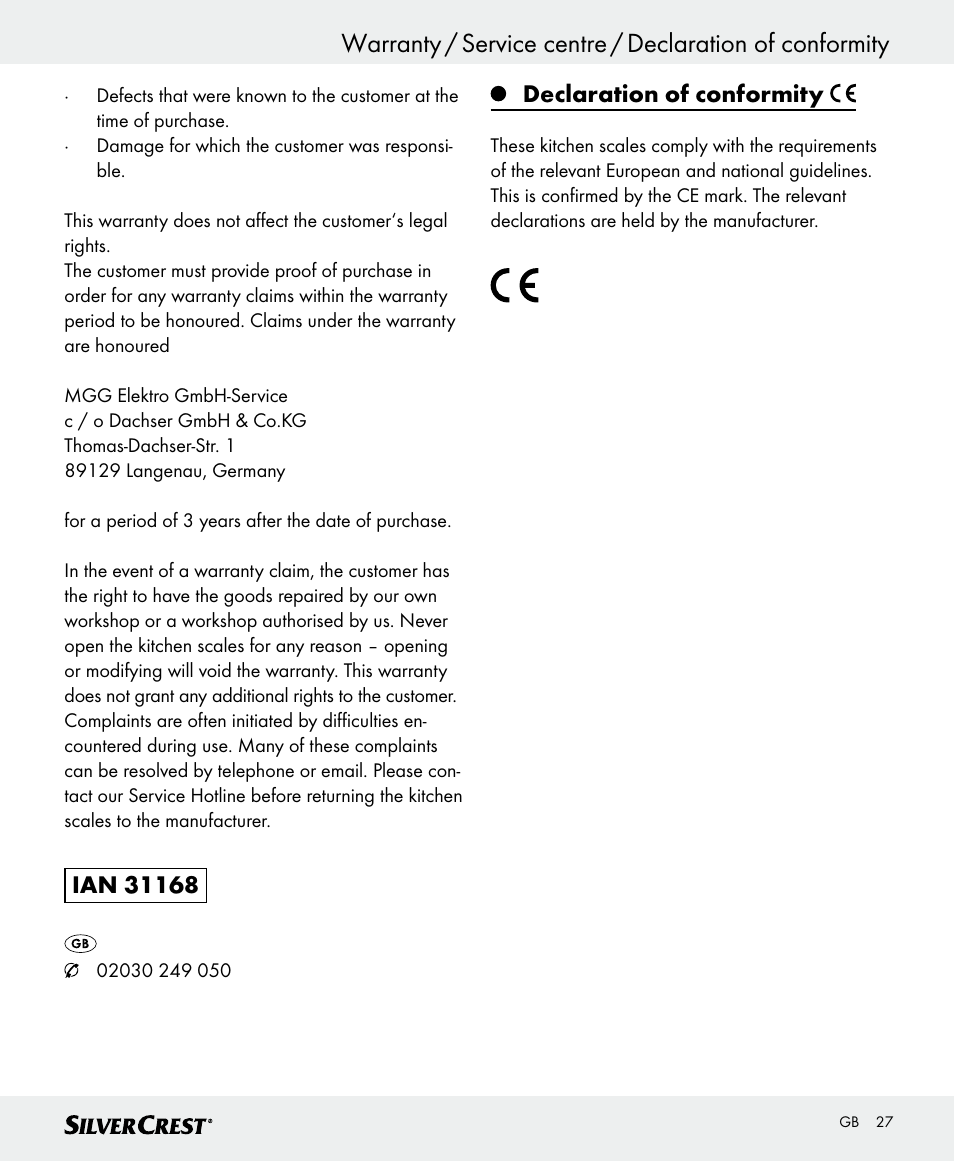Declaration of conformity | Silvercrest SKWD A1 User Manual | Page 27 / 30