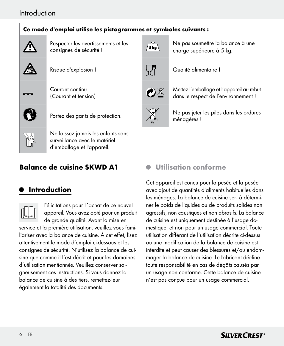 Introduction, Balance de cuisine skwd a1 introduction, Utilisation conforme | Silvercrest SKWD A1 User Manual | Page 6 / 30