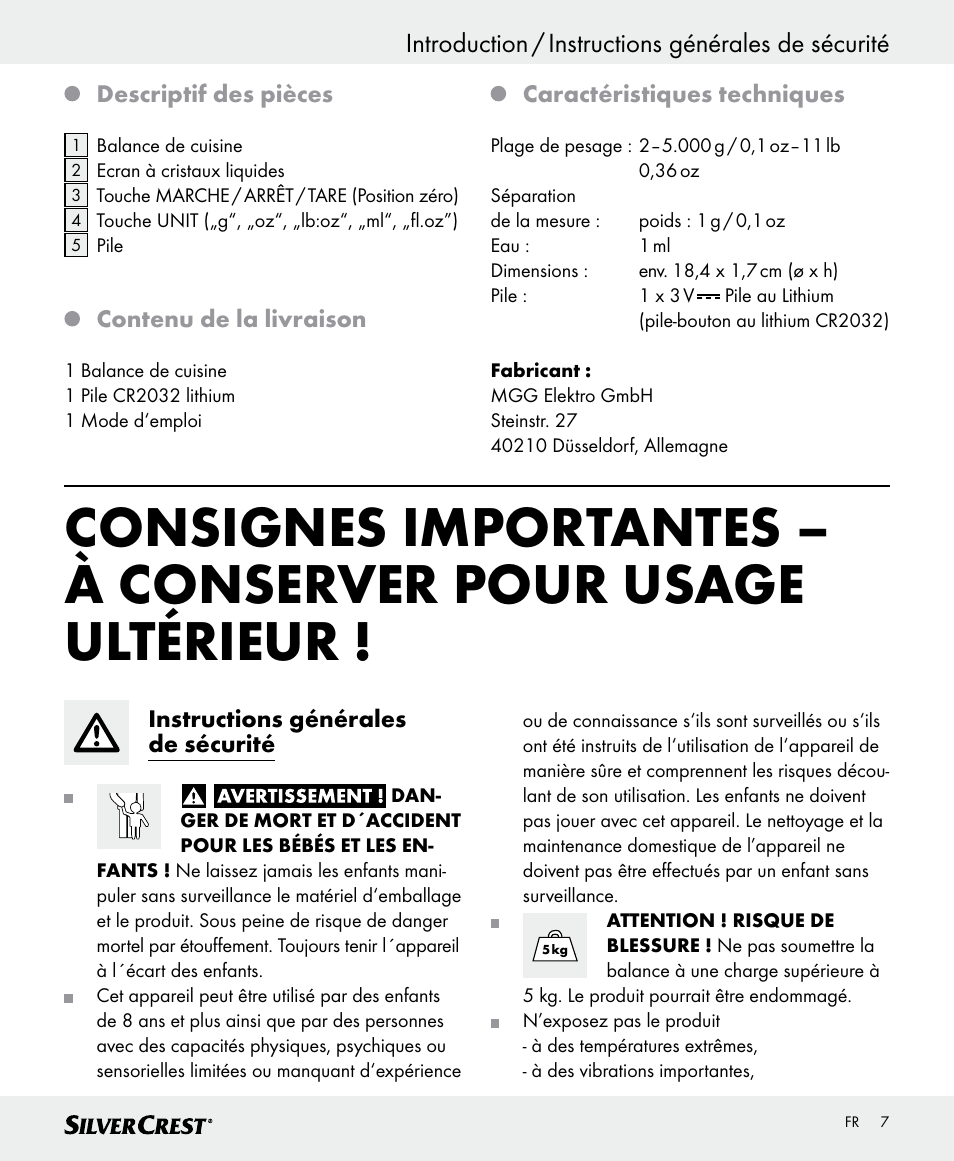 Introduction / instructions générales de sécurité | Silvercrest SKWD A1 User Manual | Page 7 / 30