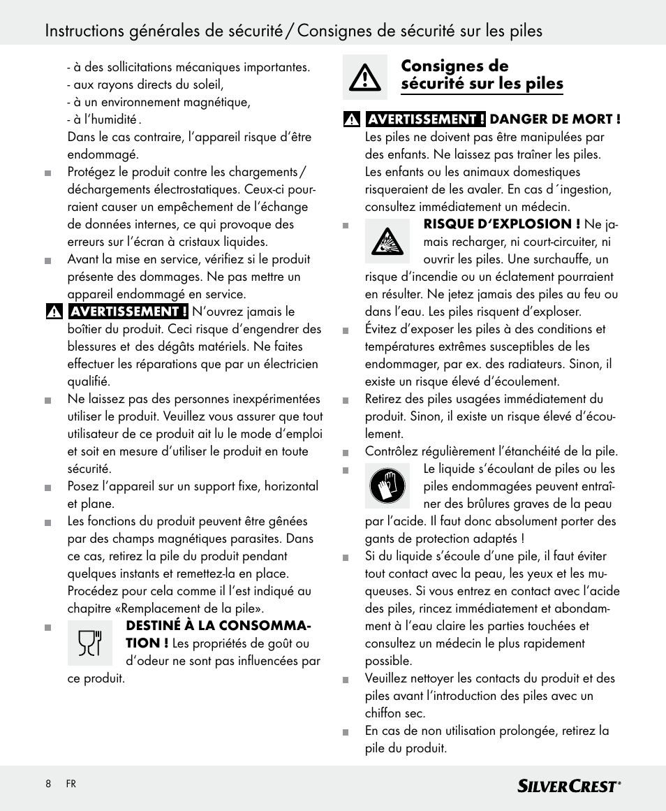 Consignes de sécurité sur les piles | Silvercrest SKWD A1 User Manual | Page 8 / 30