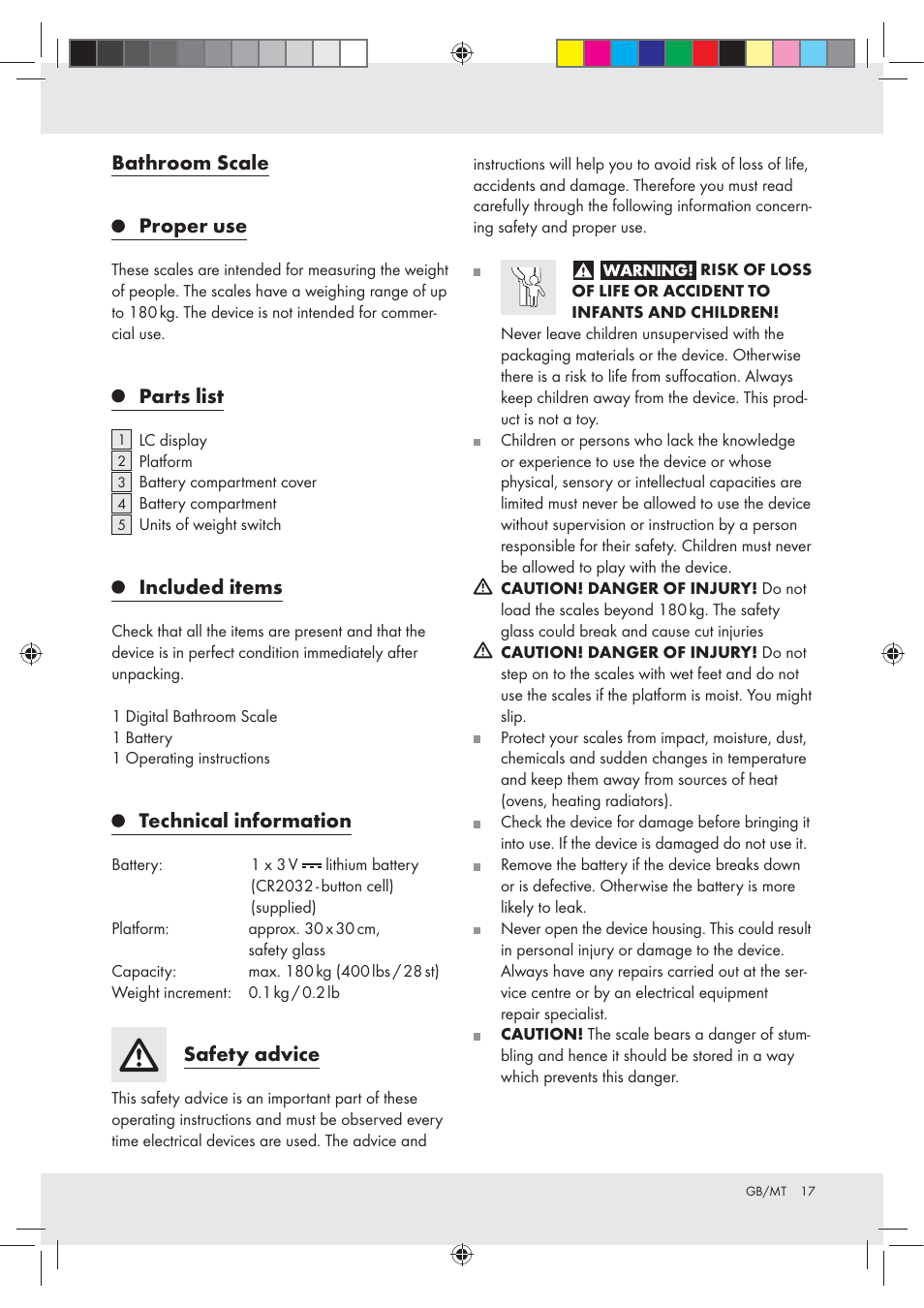 Bathroom scale proper use, Parts list, Included items | Technical information, Safety advice | Silvercrest Z29777A / Z29777B User Manual | Page 17 / 24