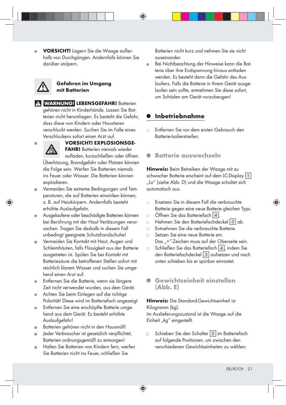 Inbetriebnahme, Batterie auswechseln, Gewichtseinheit einstellen (abb. e) | Silvercrest Z29777A / Z29777B User Manual | Page 21 / 24