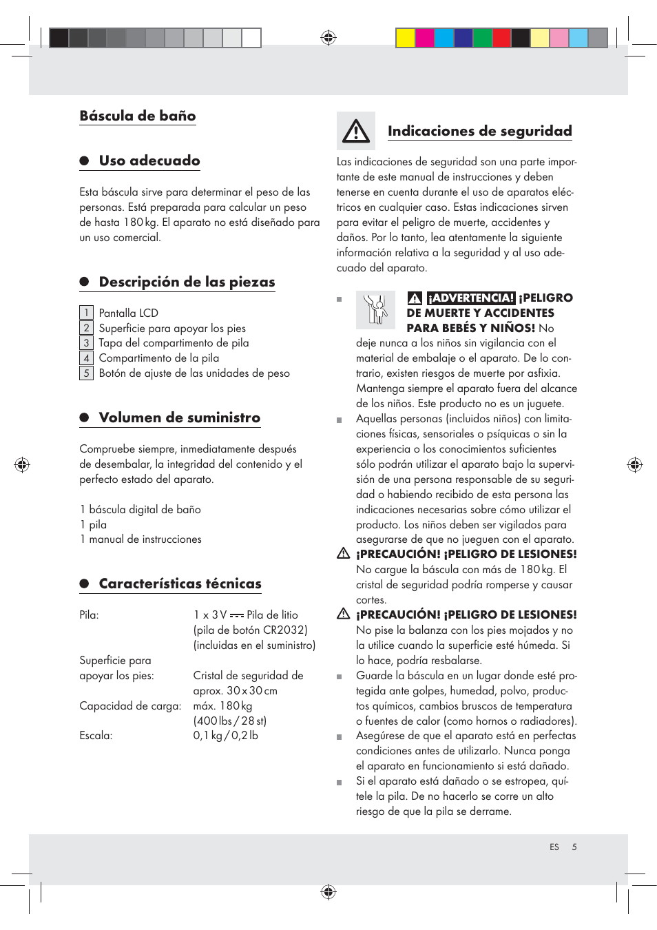 Báscula de baño uso adecuado, Descripción de las piezas, Volumen de suministro | Características técnicas, Indicaciones de seguridad | Silvercrest Z29777A / Z29777B User Manual | Page 5 / 24