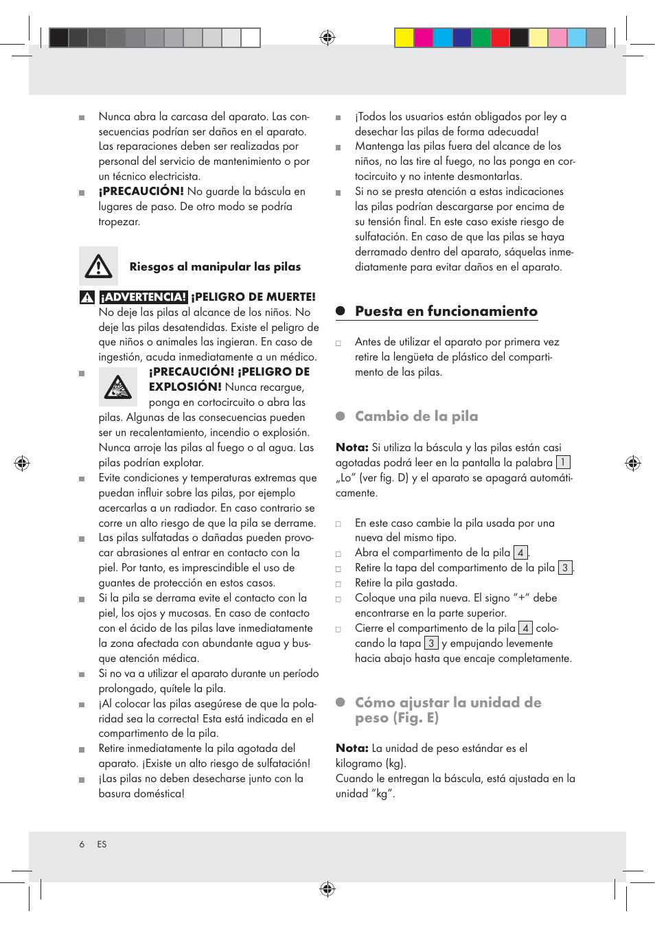 Puesta en funcionamiento, Cambio de la pila, Cómo ajustar la unidad de peso (fig. e) | Silvercrest Z29777A / Z29777B User Manual | Page 6 / 24