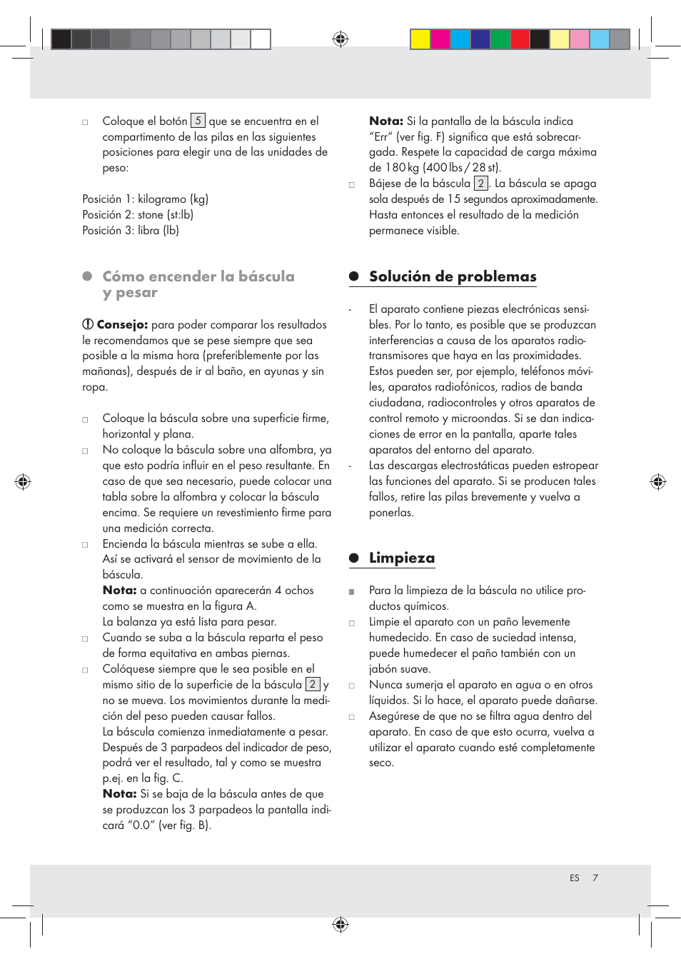 Cómo encender la báscula y pesar, Solución de problemas, Limpieza | Silvercrest Z29777A / Z29777B User Manual | Page 7 / 24
