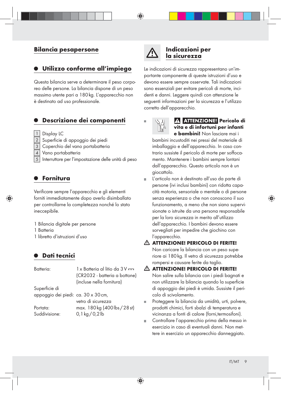 Bilancia pesapersone utilizzo conforme all’impiego, Descrizione dei componenti, Fornitura | Dati tecnici, Indicazioni per la sicurezza | Silvercrest Z29777A / Z29777B User Manual | Page 9 / 24