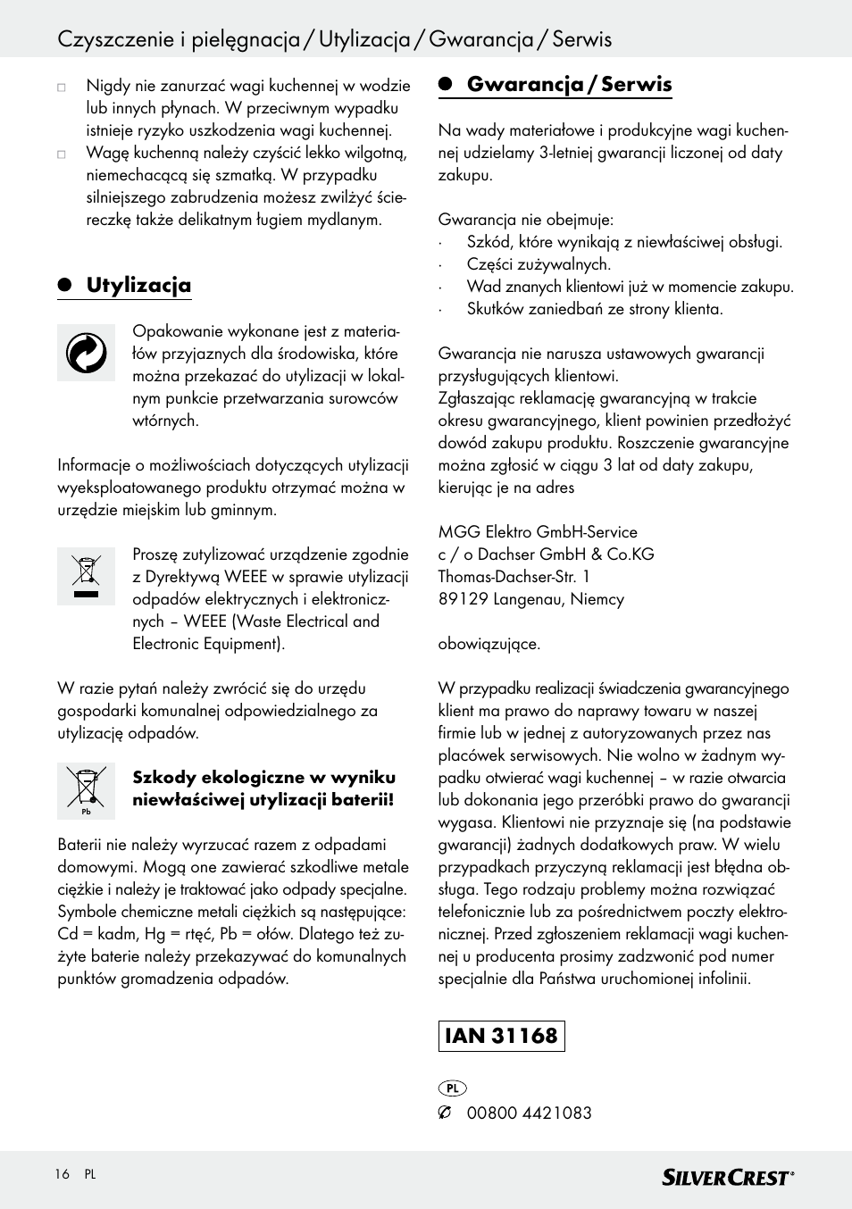 Utylizacja, Gwarancja / serwis | Silvercrest SKWD A1 User Manual | Page 16 / 54