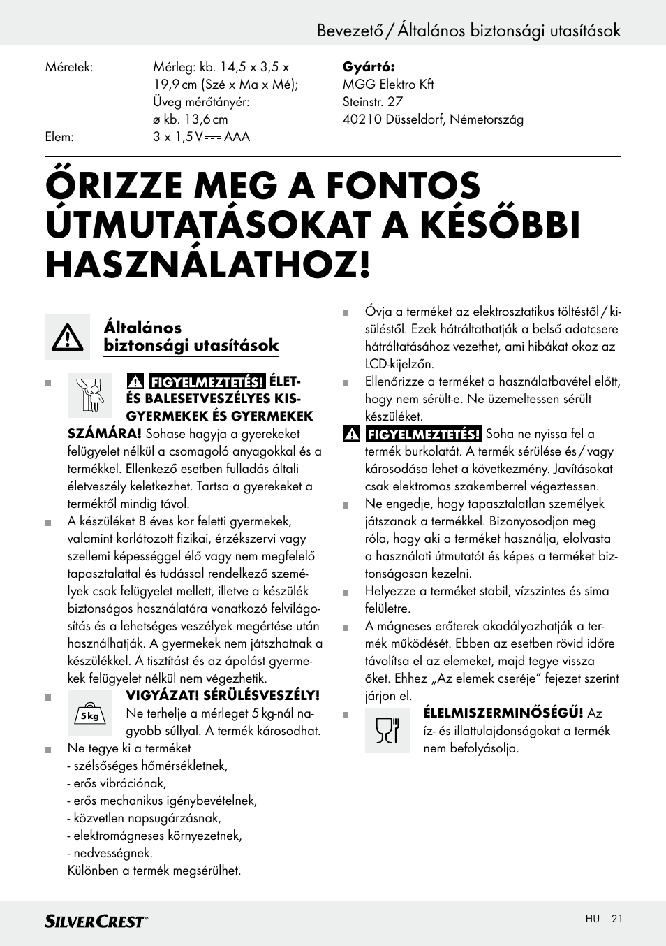 Bevezető / általános biztonsági utasítások | Silvercrest SKWD A1 User Manual | Page 21 / 54