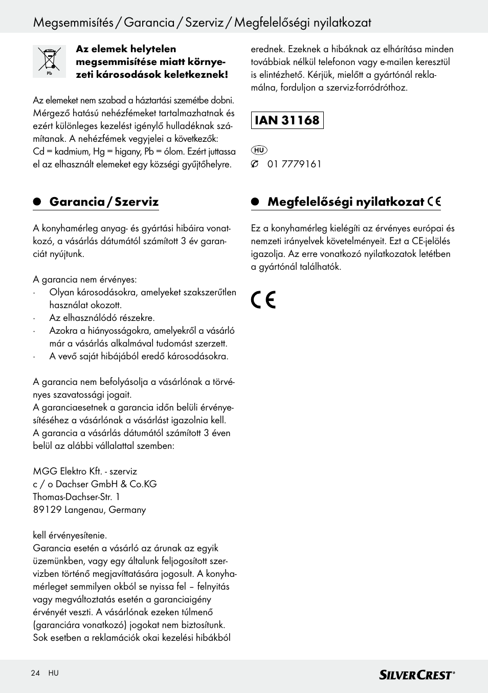 Garancia / szerviz, Megfelelőségi nyilatkozat | Silvercrest SKWD A1 User Manual | Page 24 / 54