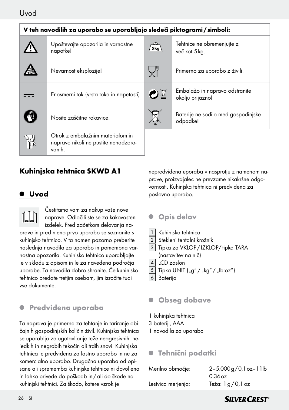 Uvod, Kuhinjska tehtnica skwd a1 uvod, Predvidena uporaba | Opis delov, Obseg dobave, Tehnični podatki | Silvercrest SKWD A1 User Manual | Page 26 / 54