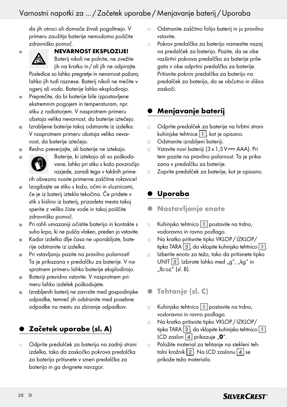 Začetek uporabe (sl. a), Menjavanje baterij, Tehtanje (sl. c) | Silvercrest SKWD A1 User Manual | Page 28 / 54