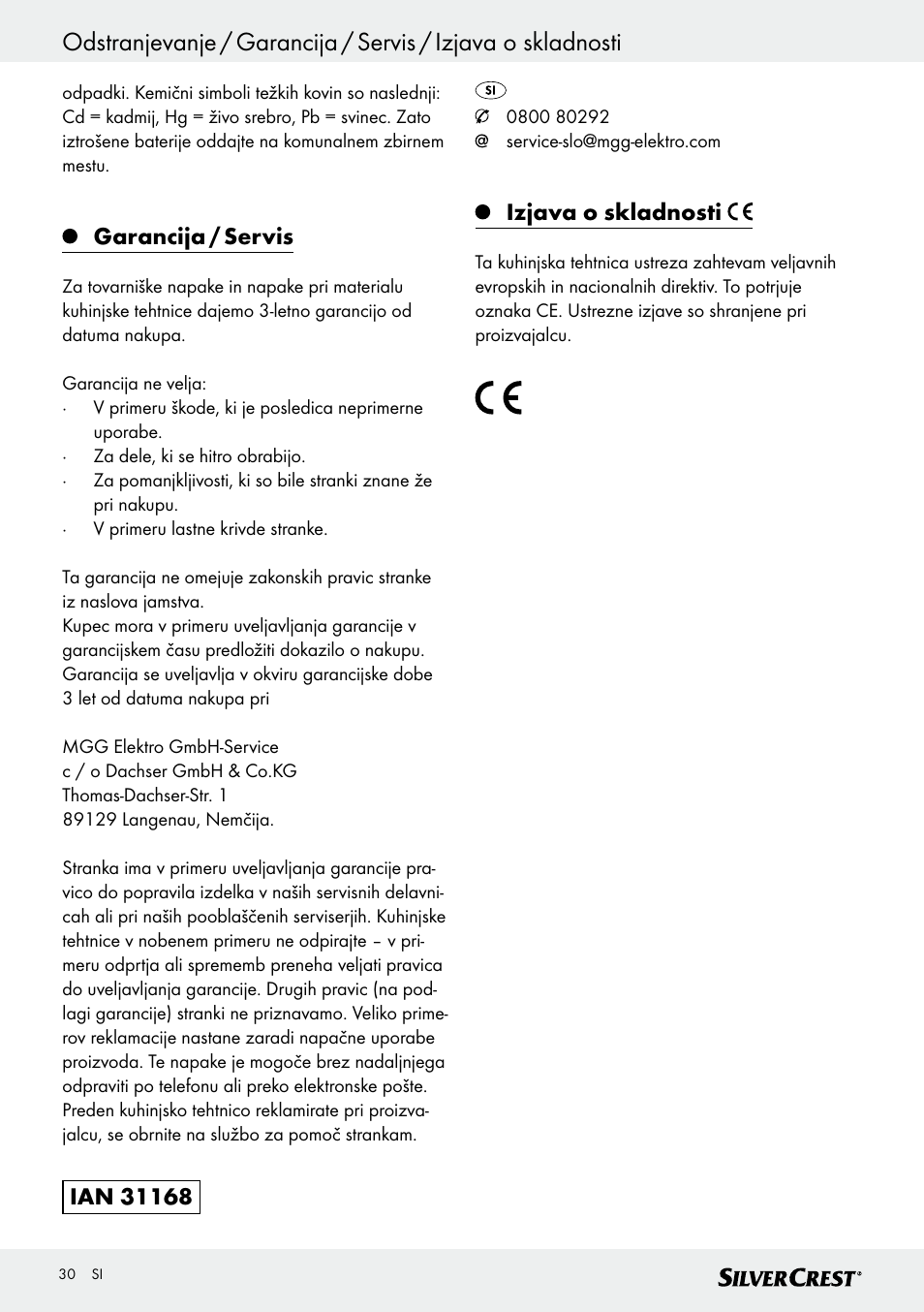 Garancija / servis, Izjava o skladnosti | Silvercrest SKWD A1 User Manual | Page 30 / 54