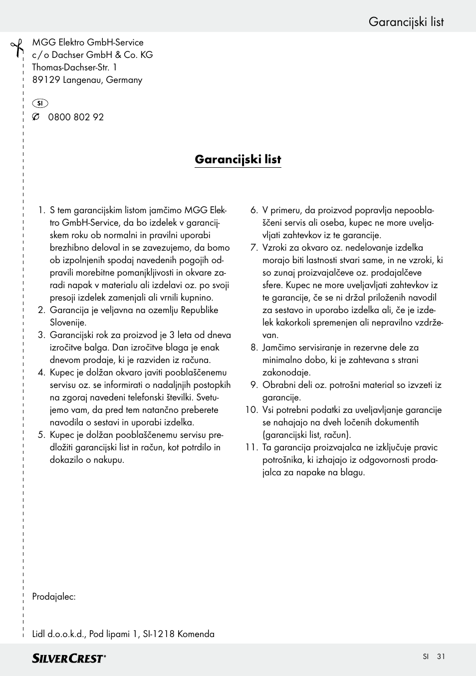 Garancijski list | Silvercrest SKWD A1 User Manual | Page 31 / 54