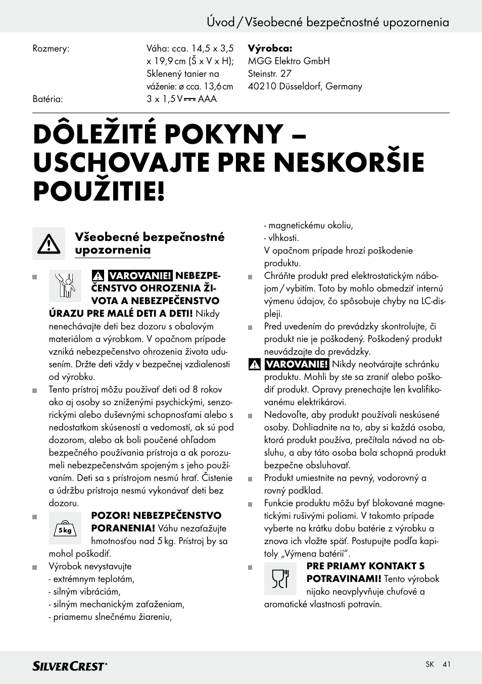 Úvod / všeobecné bezpečnostné upozornenia | Silvercrest SKWD A1 User Manual | Page 41 / 54