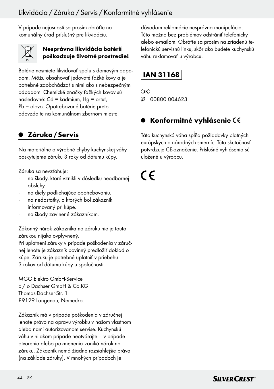 Záruka / servis, Konformitné vyhlásenie | Silvercrest SKWD A1 User Manual | Page 44 / 54