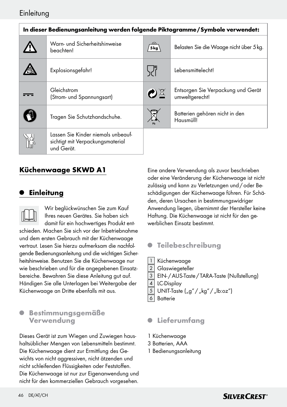 Einleitung, Küchenwaage skwd a1 einleitung, Bestimmungsgemäße verwendung | Teilebeschreibung, Lieferumfang | Silvercrest SKWD A1 User Manual | Page 46 / 54