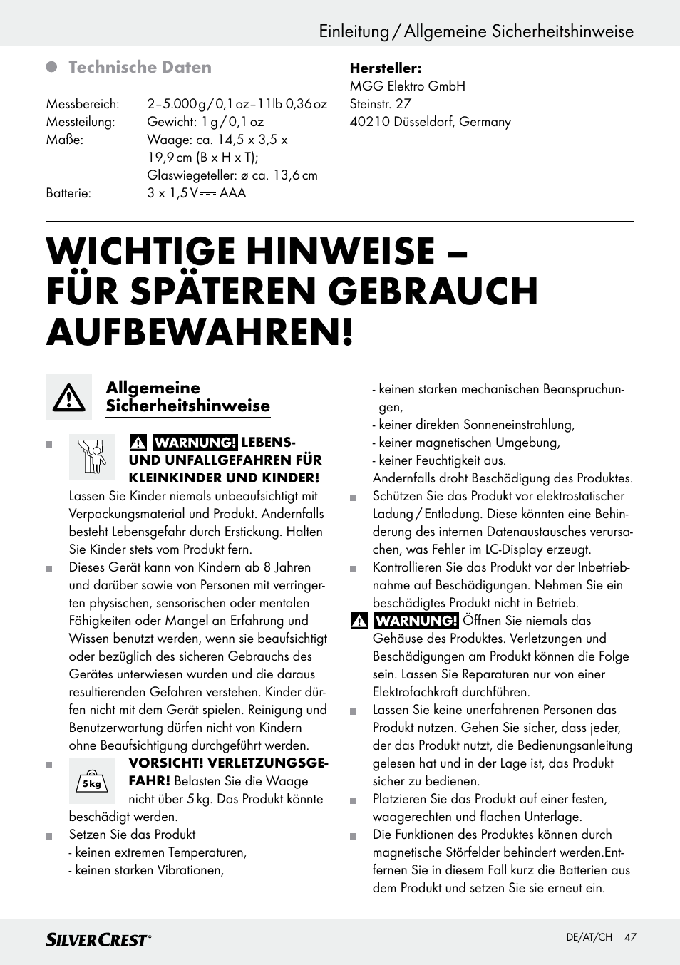 Einleitung / allgemeine sicherheitshinweise | Silvercrest SKWD A1 User Manual | Page 47 / 54