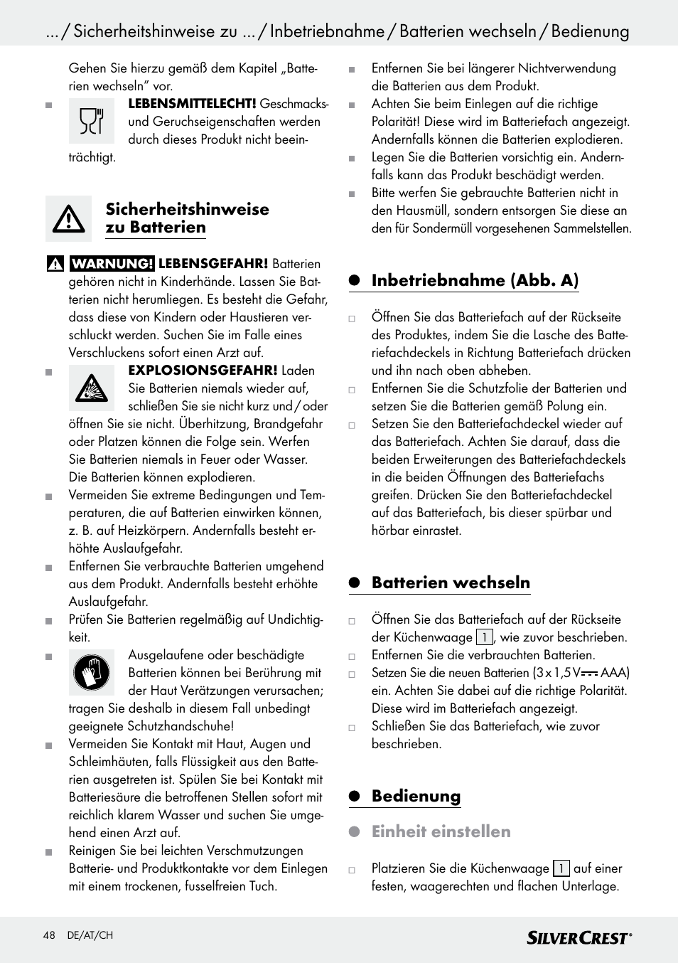 Sicherheitshinweise zu batterien, Inbetriebnahme (abb. a), Batterien wechseln | Bedienung einheit einstellen | Silvercrest SKWD A1 User Manual | Page 48 / 54