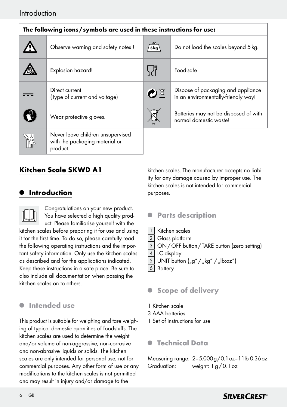 Introduction, Kitchen scale skwd a1 introduction, Intended use | Parts description, Scope of delivery, Technical data | Silvercrest SKWD A1 User Manual | Page 6 / 54