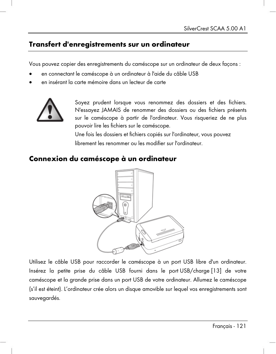 Transfert d'enregistrements sur un ordinateur, Connexion du caméscope à un ordinateur | Silvercrest SCAA 5.00 A1 User Manual | Page 123 / 294