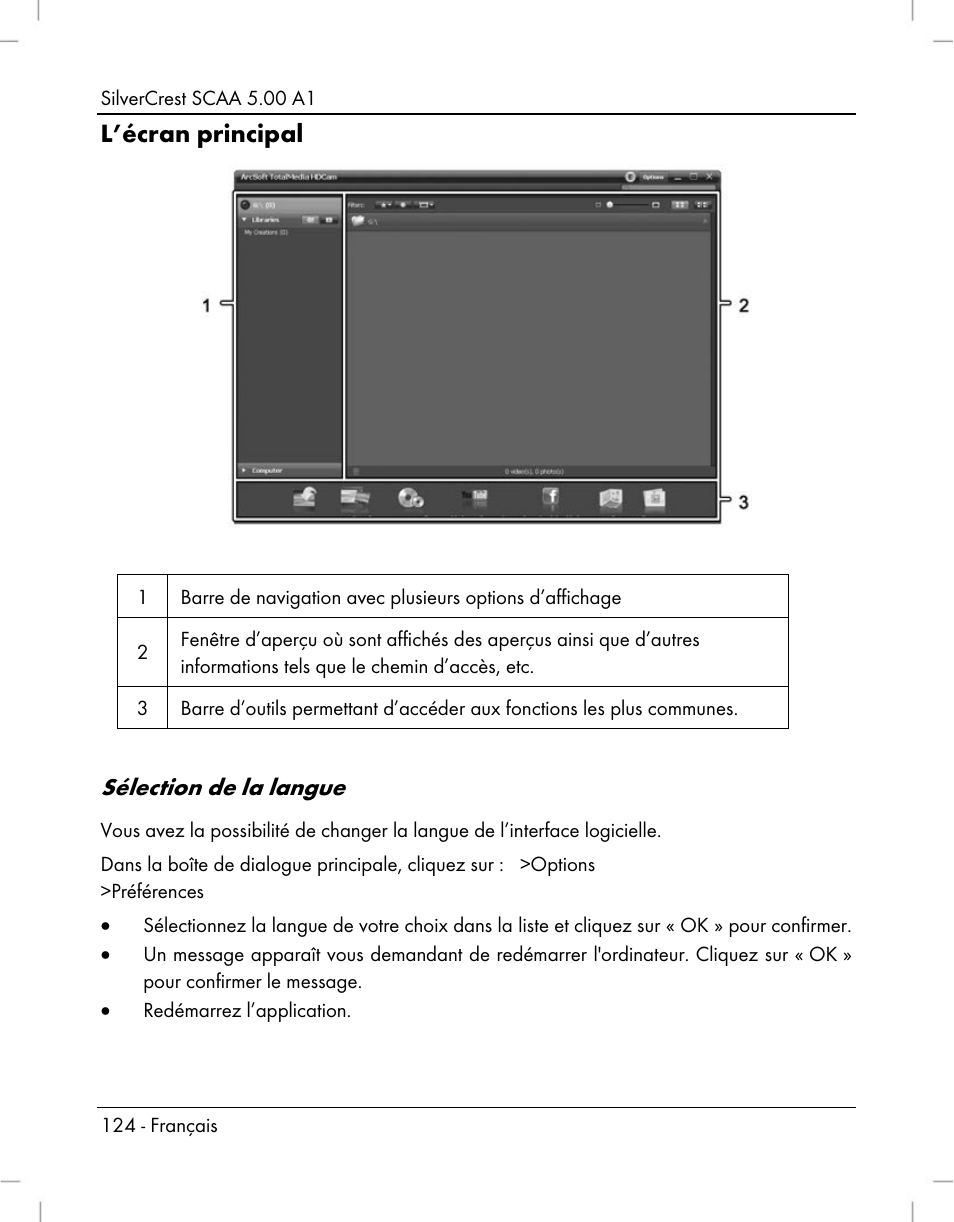 L’écran principal, Sélection de la langue | Silvercrest SCAA 5.00 A1 User Manual | Page 126 / 294